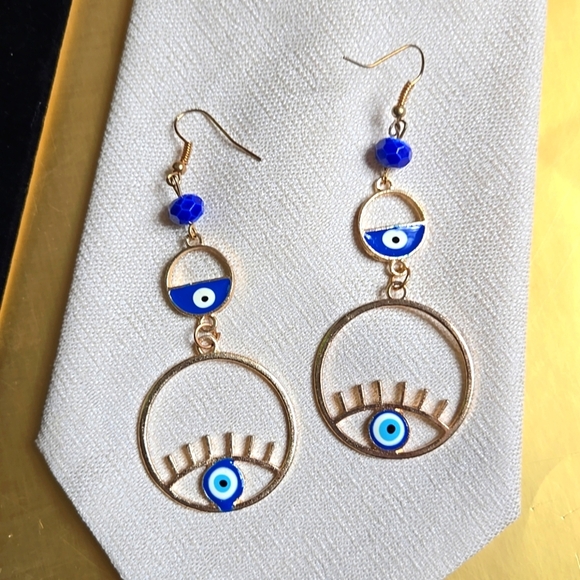 Elegant Gold Tone Blue Evil Eye Earrings - Picture 14 of 15